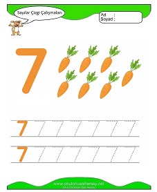 7 Rakamı Çizgi Çalışmaları Çalışma Sayfaları